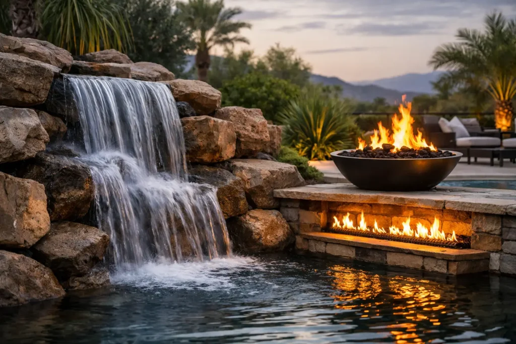 Waterfall + Fire Features for Luxury Backyards