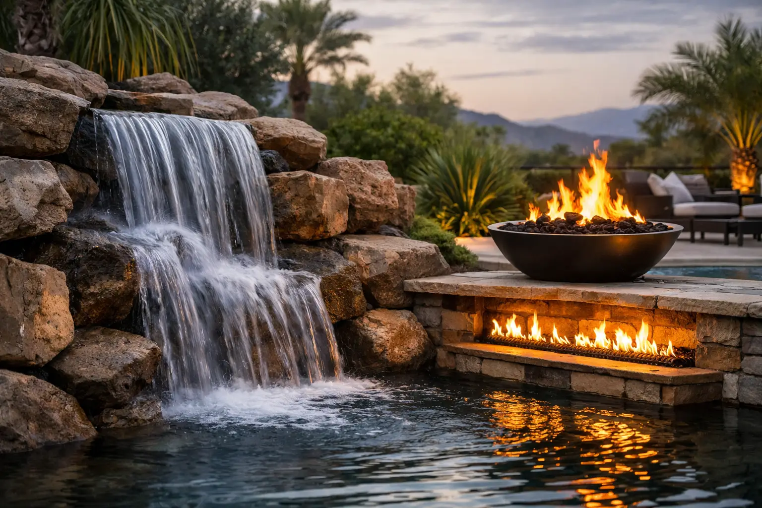 Waterfall + Fire Features for Luxury Backyards