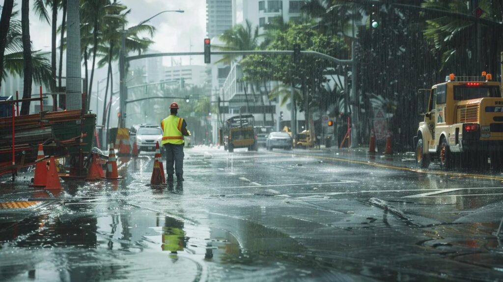 Construction site in Florida during rainstorm highlighting weather challenges in project management