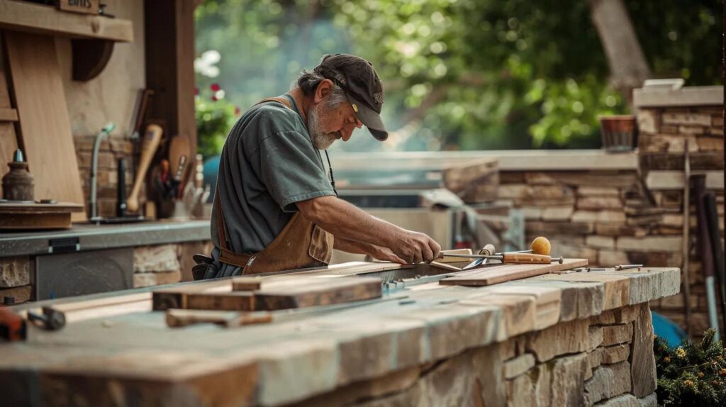 Artisan craftsman enhancing a custom outdoor kitchen, emphasizing bespoke craftsmanship and quality materials