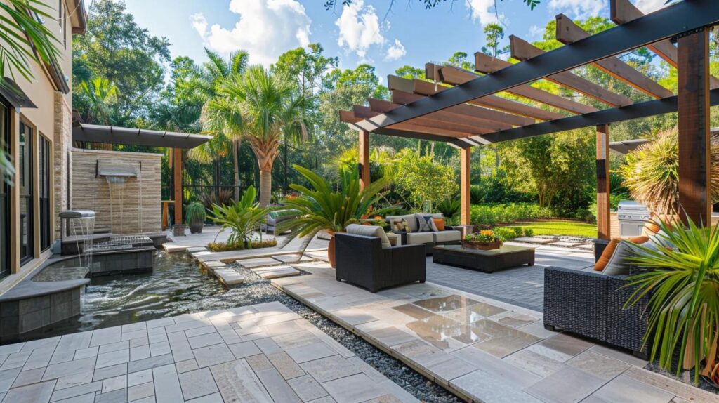 Outdoor living space designed for Florida's climate featuring shade structures and water features