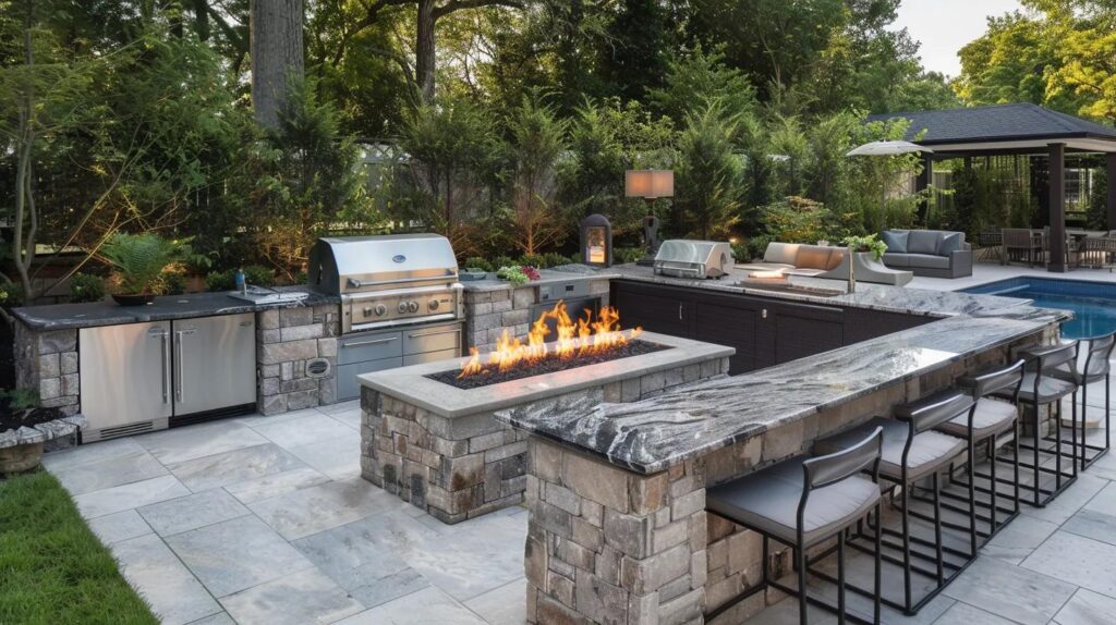 Artisan outdoor kitchen with custom cabinetry and elegant fire pit showcasing luxury design