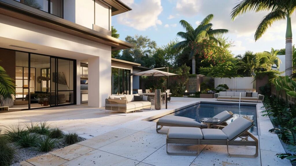 Modern outdoor living space featuring sustainable design elements and eco-friendly materials