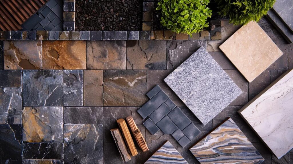 High-quality materials for outdoor living projects, including natural stone and composite decking
