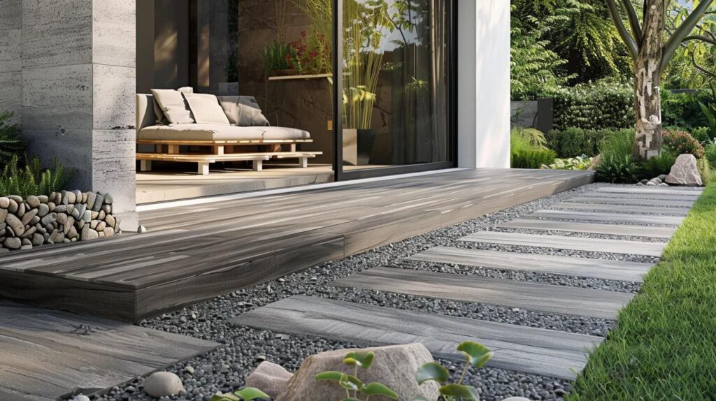 Large-format porcelain pavers in wood-look and stone-look finishes enhancing an outdoor space