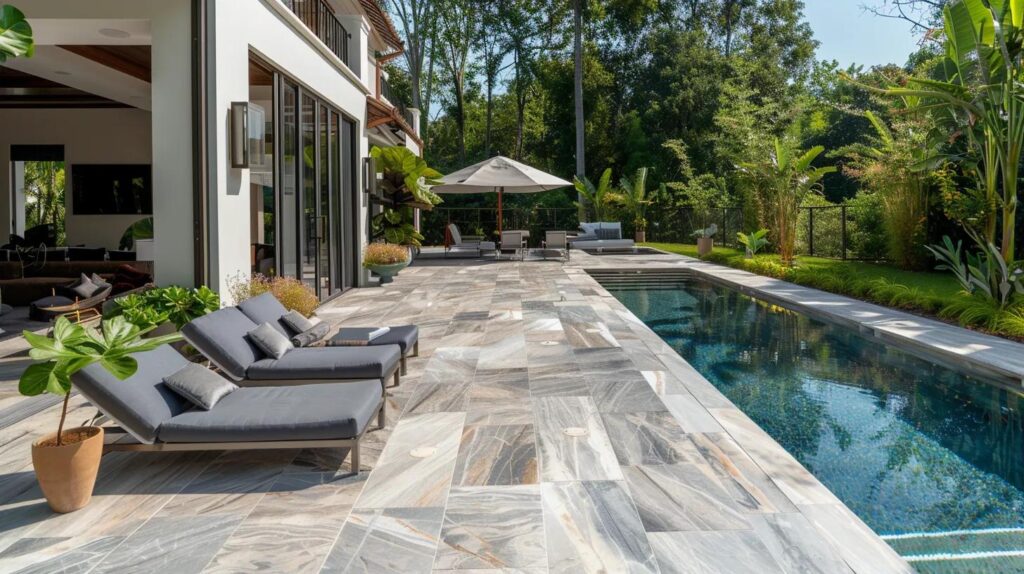 Exotic Brazilian quartzite pool deck with unique veining in a luxurious outdoor setting