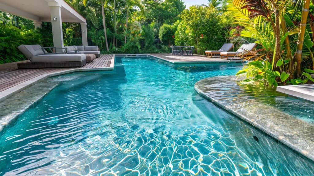 Luxury pool with saltwater system and clear water demonstrating effective algae management