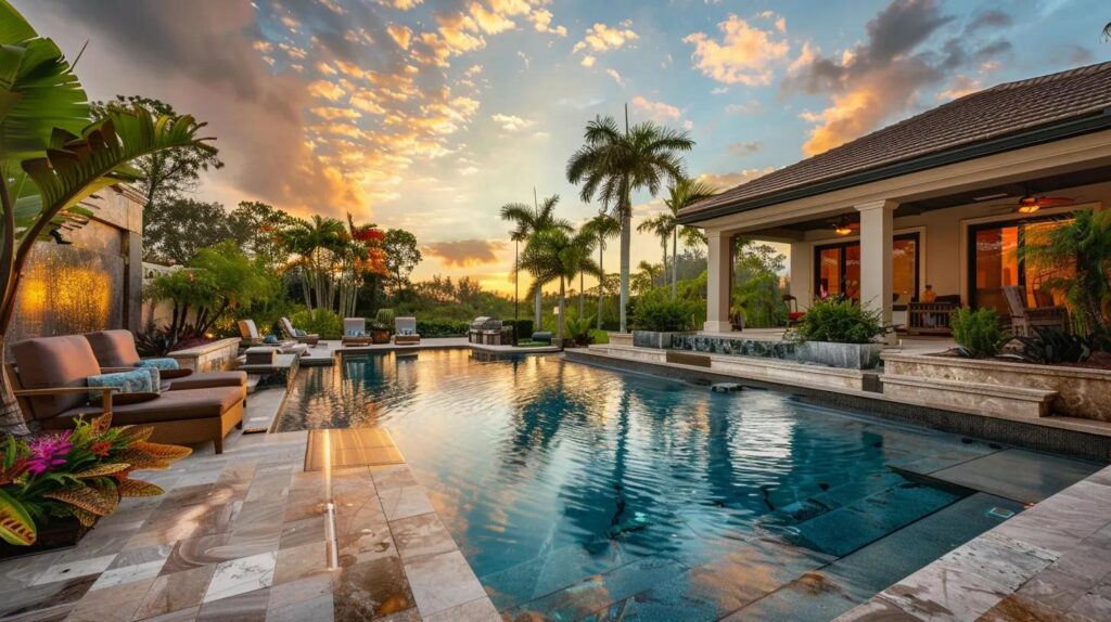 Luxury infinity edge pool in a Florida backyard with tropical landscaping