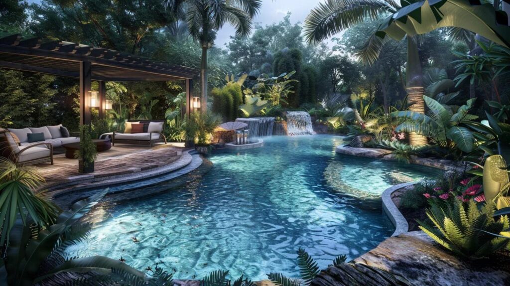 Luxury Florida backyard oasis with lagoon pool, tropical landscaping, and outdoor living space