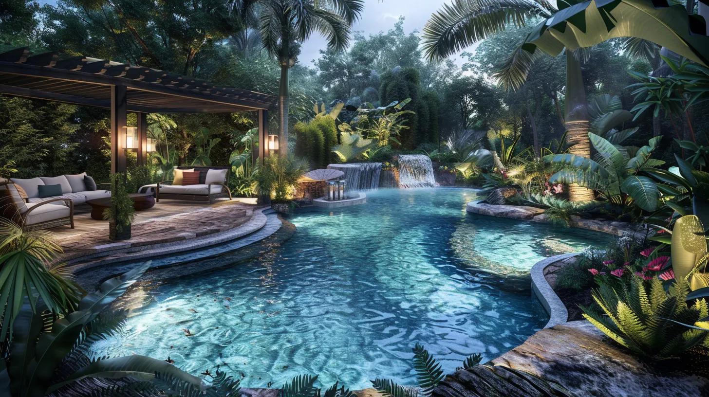 Luxury Florida backyard oasis with lagoon pool, tropical landscaping, and outdoor living space
