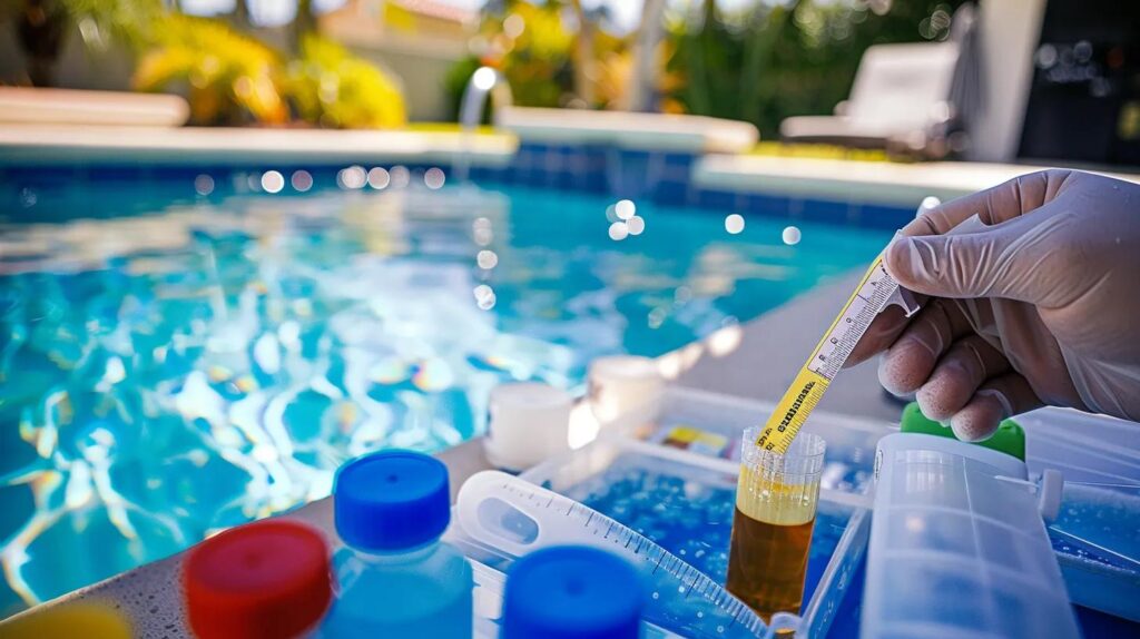 Homeowner testing pool water chemistry with test strips and maintenance supplies