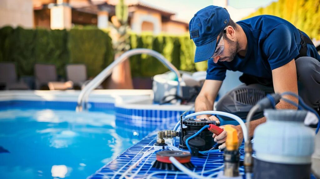 Technician maintaining pool equipment including pump and filter in a luxury pool setting