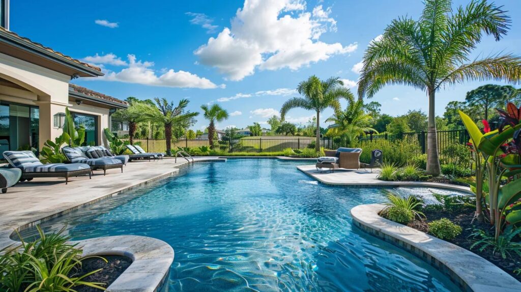 Luxury custom pool in Florida with clear water and tropical landscaping