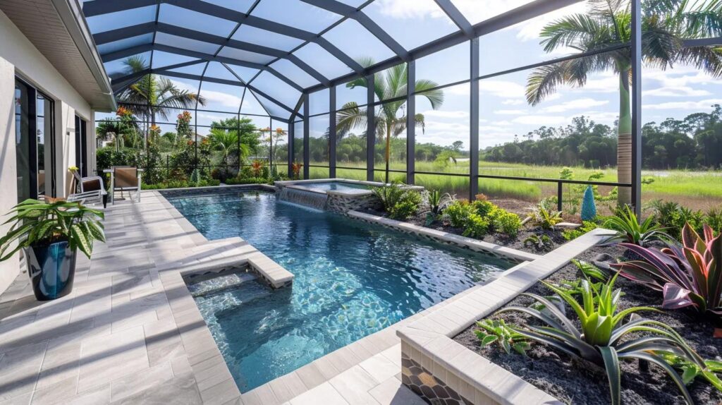 Custom pool design in a Florida backyard with modern architecture and lush landscaping