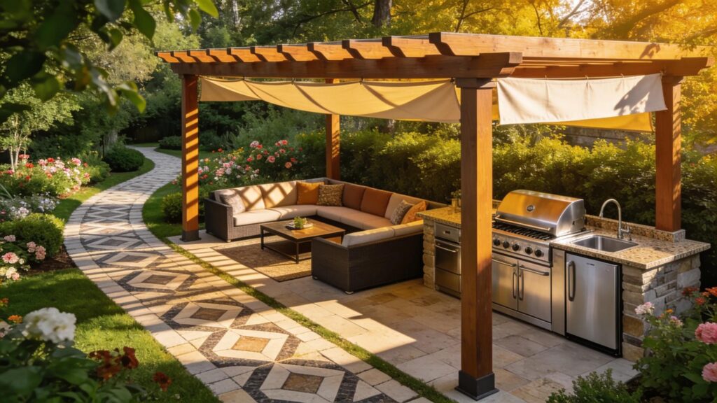 Stunning outdoor living space featuring custom pergola, luxury kitchen, and premium paver installations