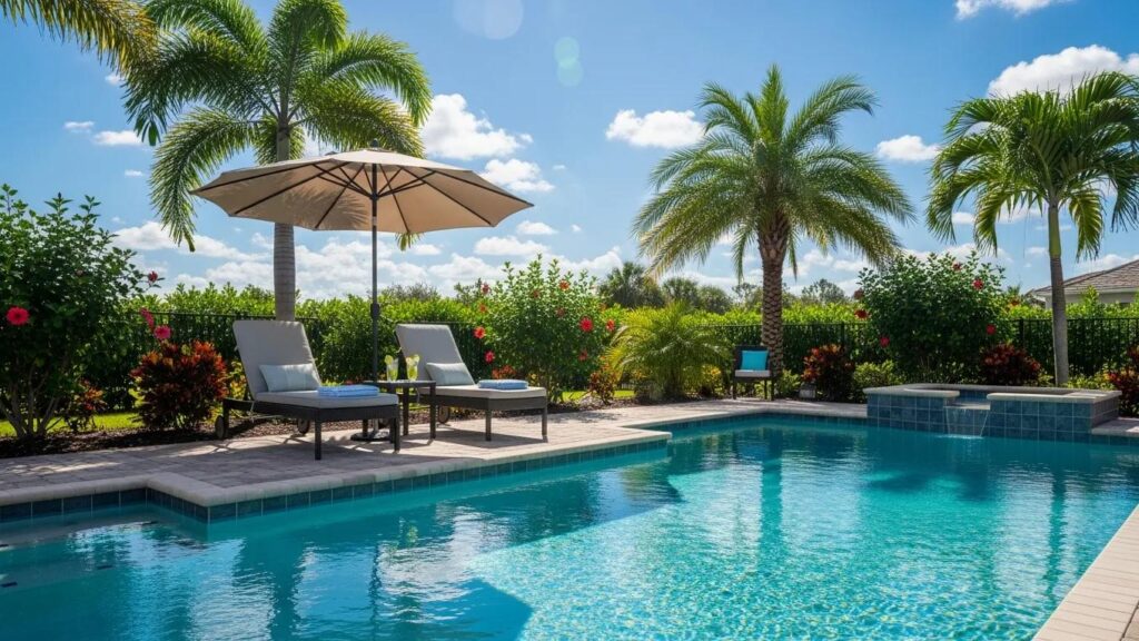 Beautiful Florida swimming pool in a backyard setting with lush landscaping