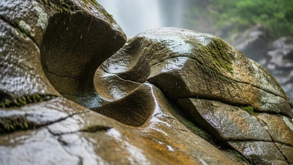 Close-up of eroded rock formations near a waterfall, showcasing the effects of water flow on landscapes