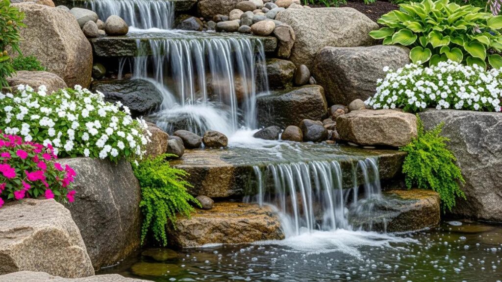 Close-up of sophisticated design elements in a backyard waterfall depicting natural stone and landscaping