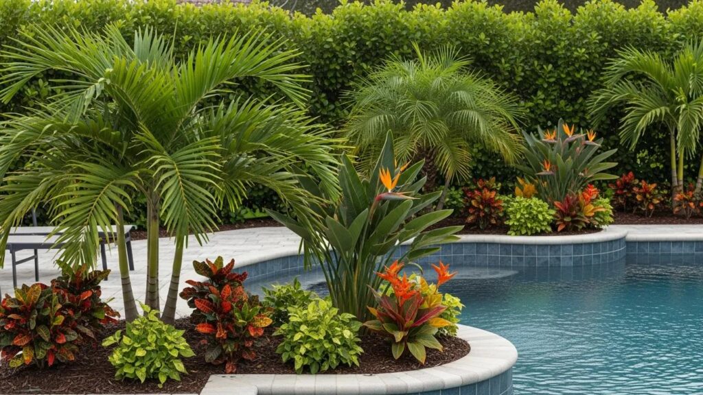 Close-up of tropical plants including specimen palms and flowering plants around a luxury pool