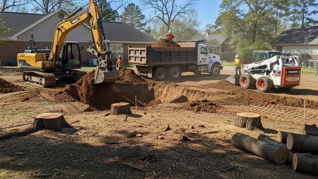 Construction site showing excavation and site preparation for a custom pool
