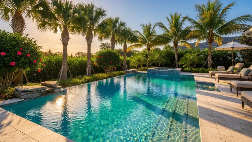 Custom-designed pool in a Florida backyard with infinity edge and lush landscaping