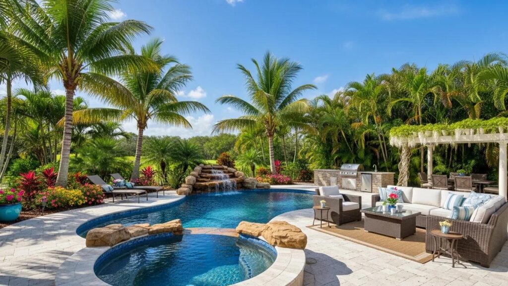 Custom pool in a Florida backyard with vibrant landscaping and outdoor furniture