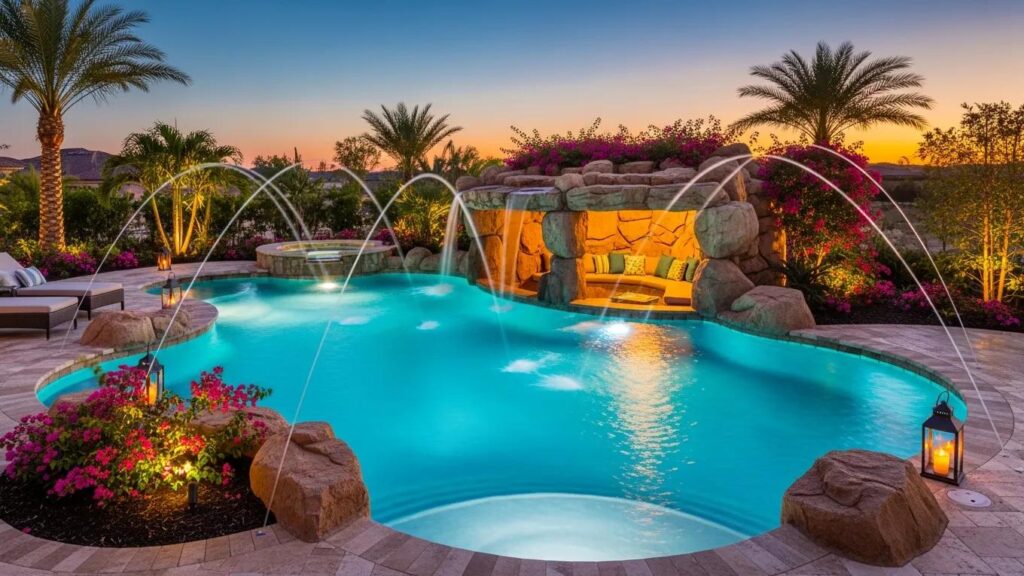 Custom pool with unique features like a grotto and integrated water features