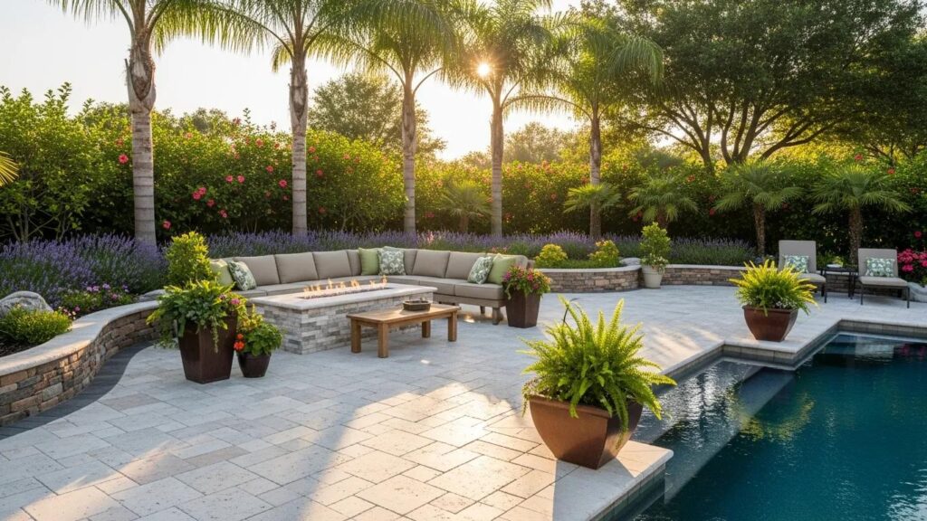 Elegant pool deck with travertine pavers and lush landscaping surrounding a custom pool