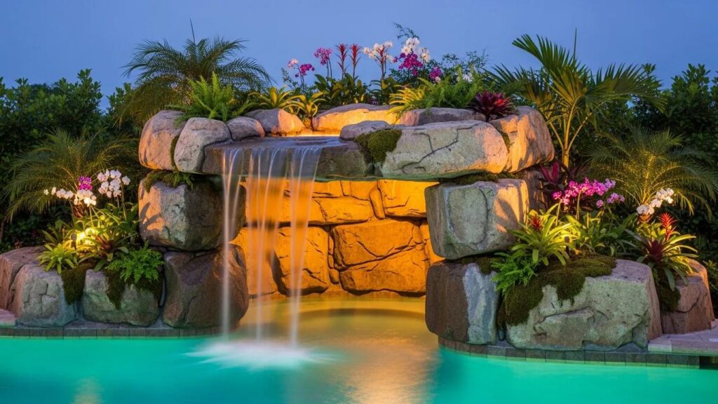 Elegant water feature with a rock grotto and waterfall in a luxury pool landscape