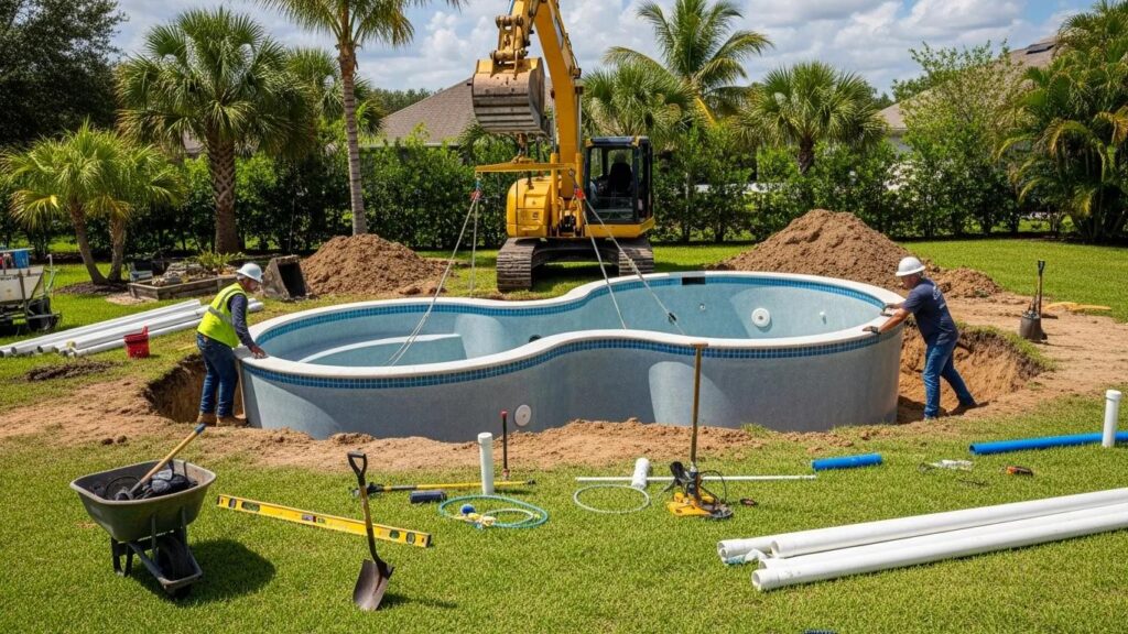 Fiberglass pool installation process in a Florida backyard