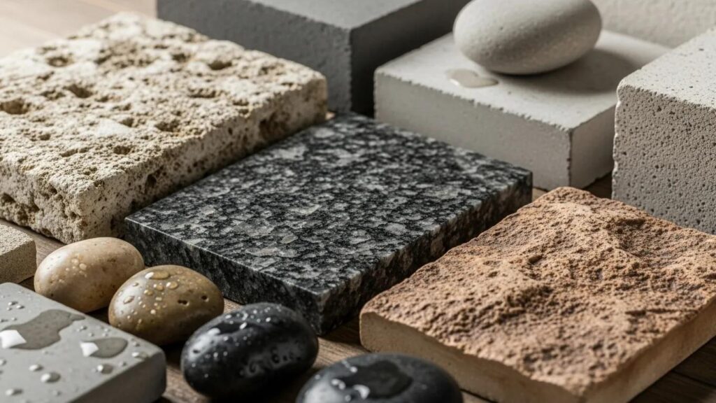 High-quality materials for waterfall construction including granite and concrete