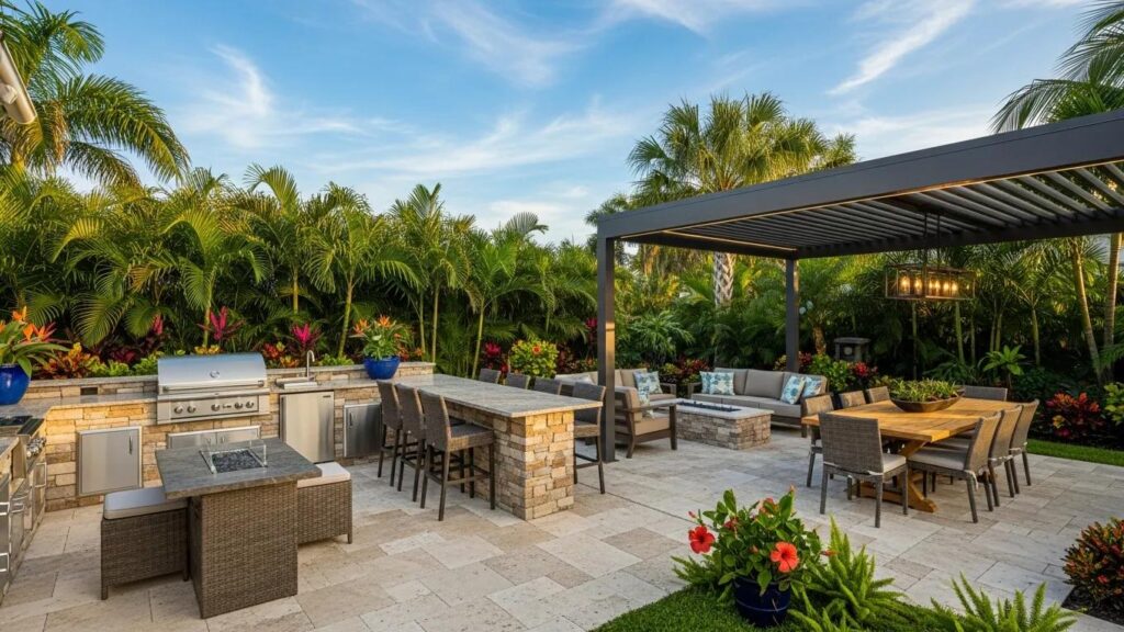 Luxurious custom outdoor living space in Florida with a bespoke kitchen and tropical landscaping
