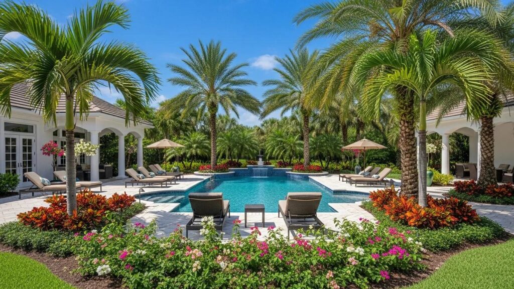 Luxurious custom pool with tropical landscaping featuring specimen palms and vibrant flowering plants