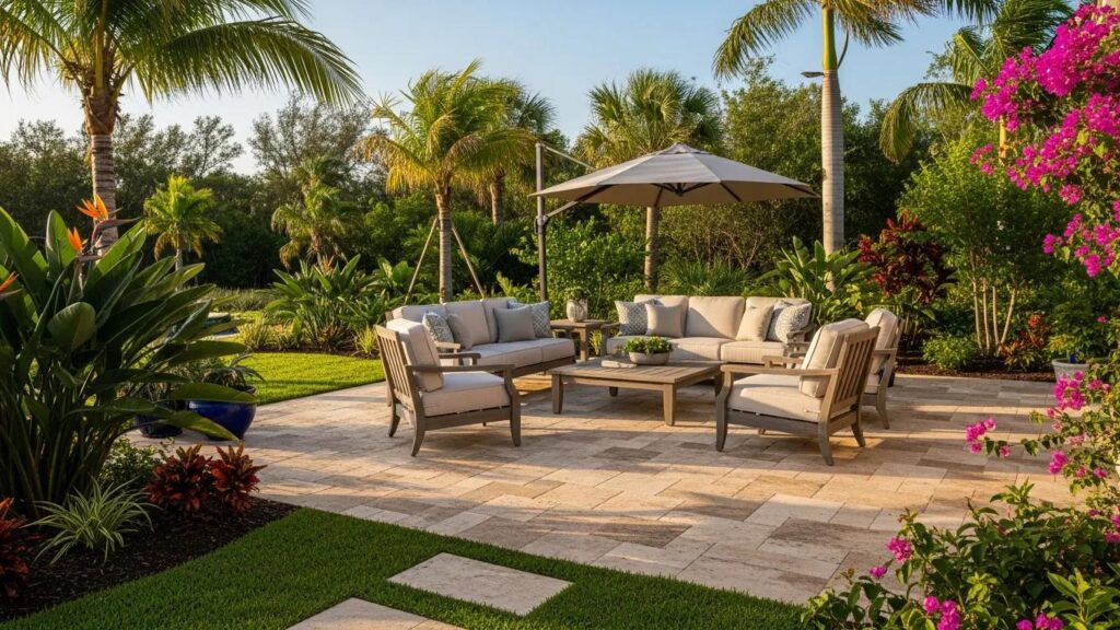 Luxurious outdoor patio installation in Florida featuring travertine surface and elegant furniture