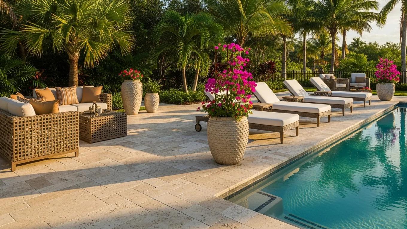 Luxurious travertine pool deck with elegant outdoor furniture and lush landscaping in Florida