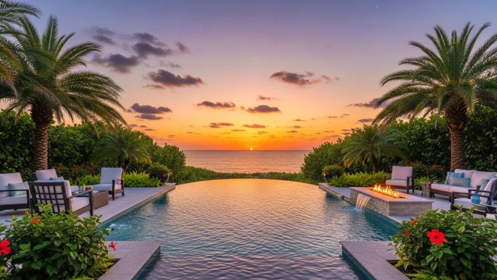 Luxury infinity edge pool in a Florida backyard with tropical landscaping