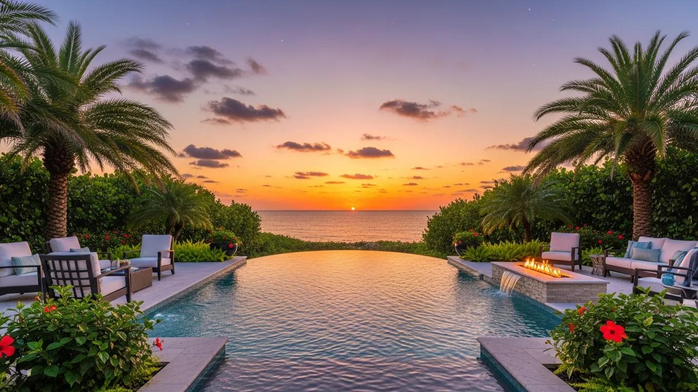 Luxury infinity edge pool in a Florida backyard with tropical landscaping