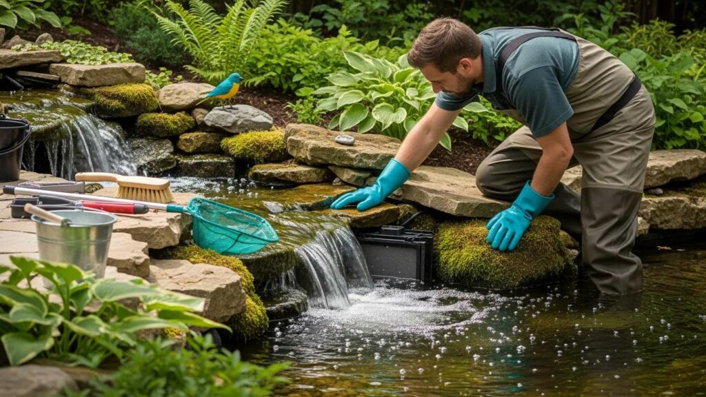 Professional maintaining a backyard waterfall with tools and clear water