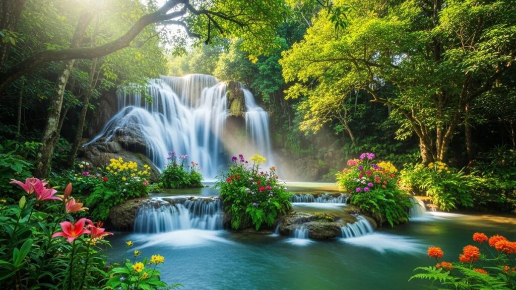 Stunning outdoor waterfall surrounded by vibrant flowers and greenery