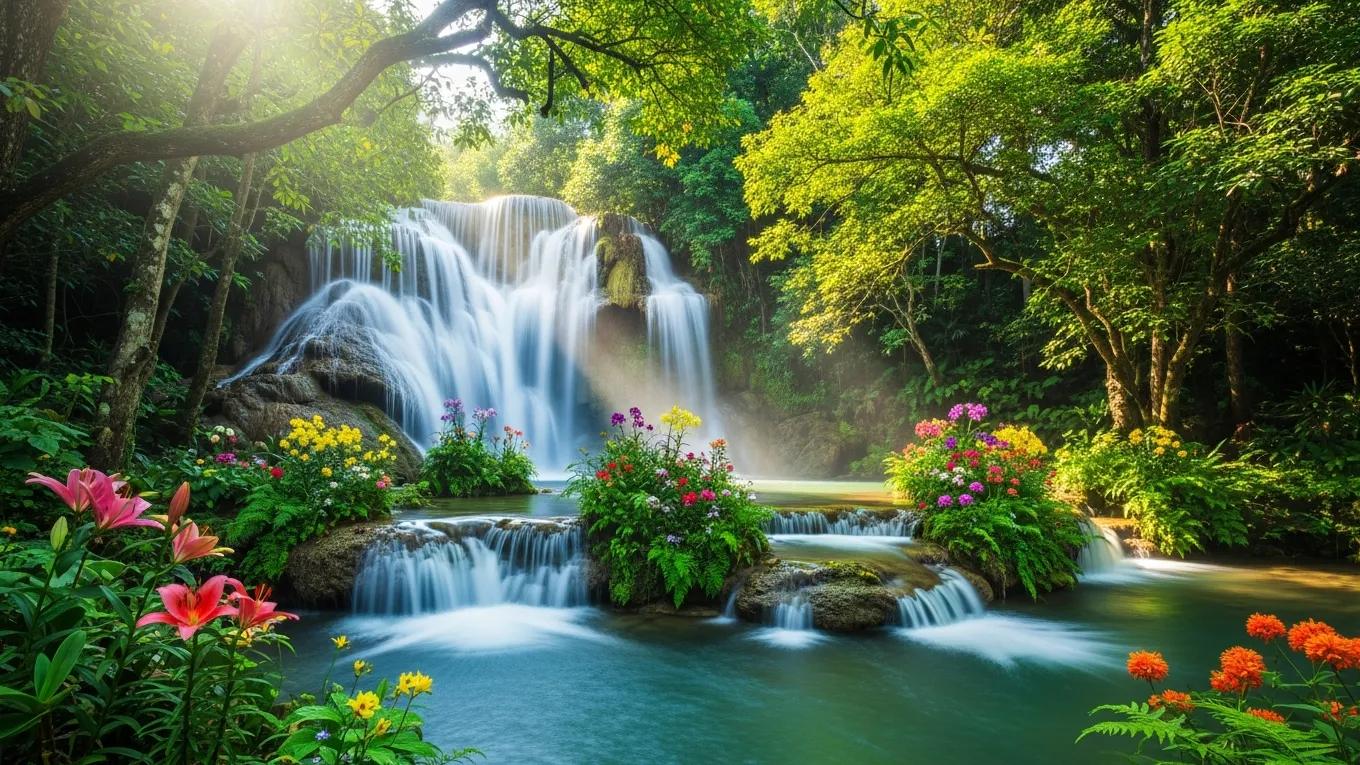 Stunning outdoor waterfall surrounded by vibrant flowers and greenery