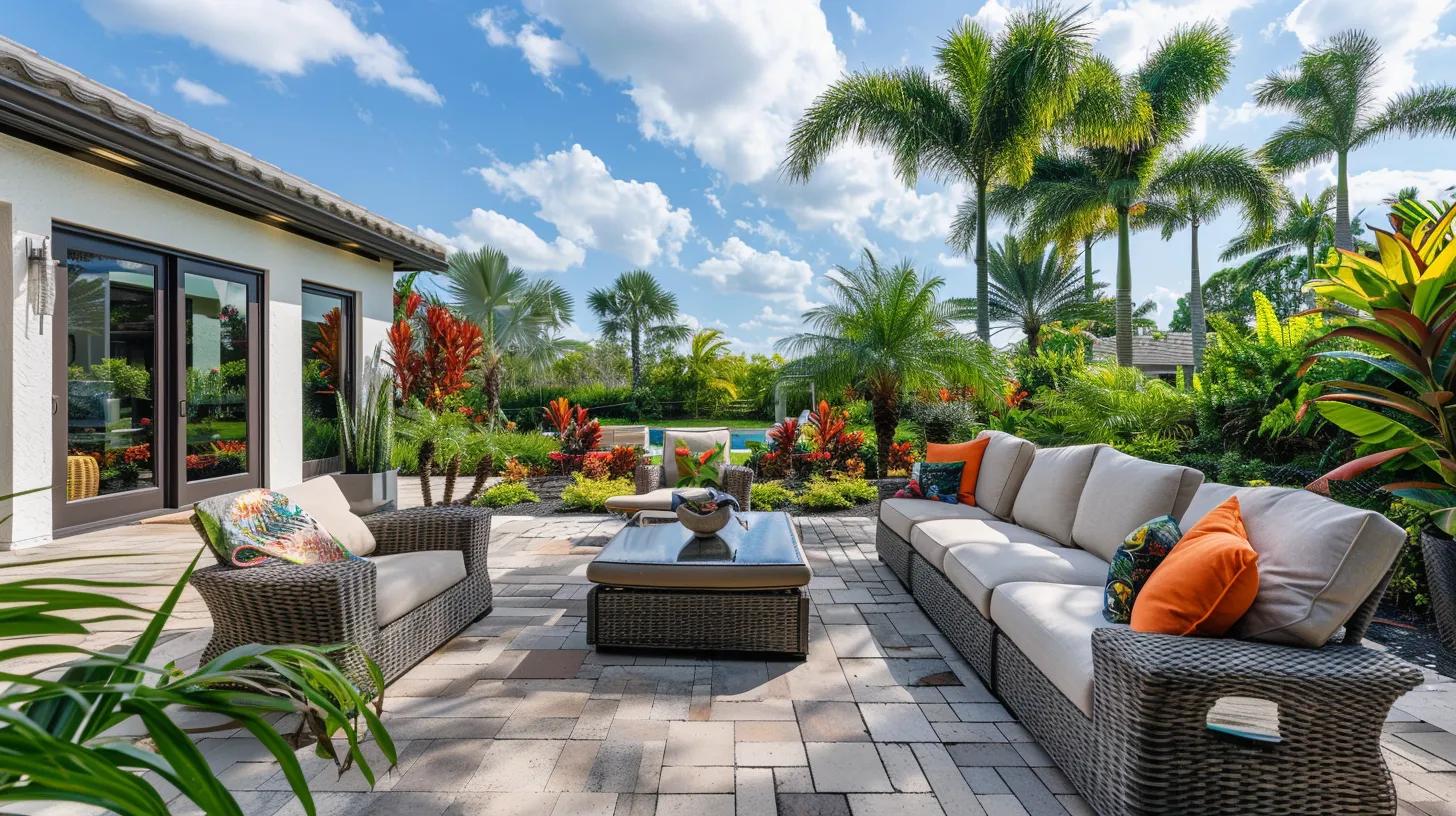 Outdoor living space in Florida with durable furniture and tropical plants, emphasizing climate considerations