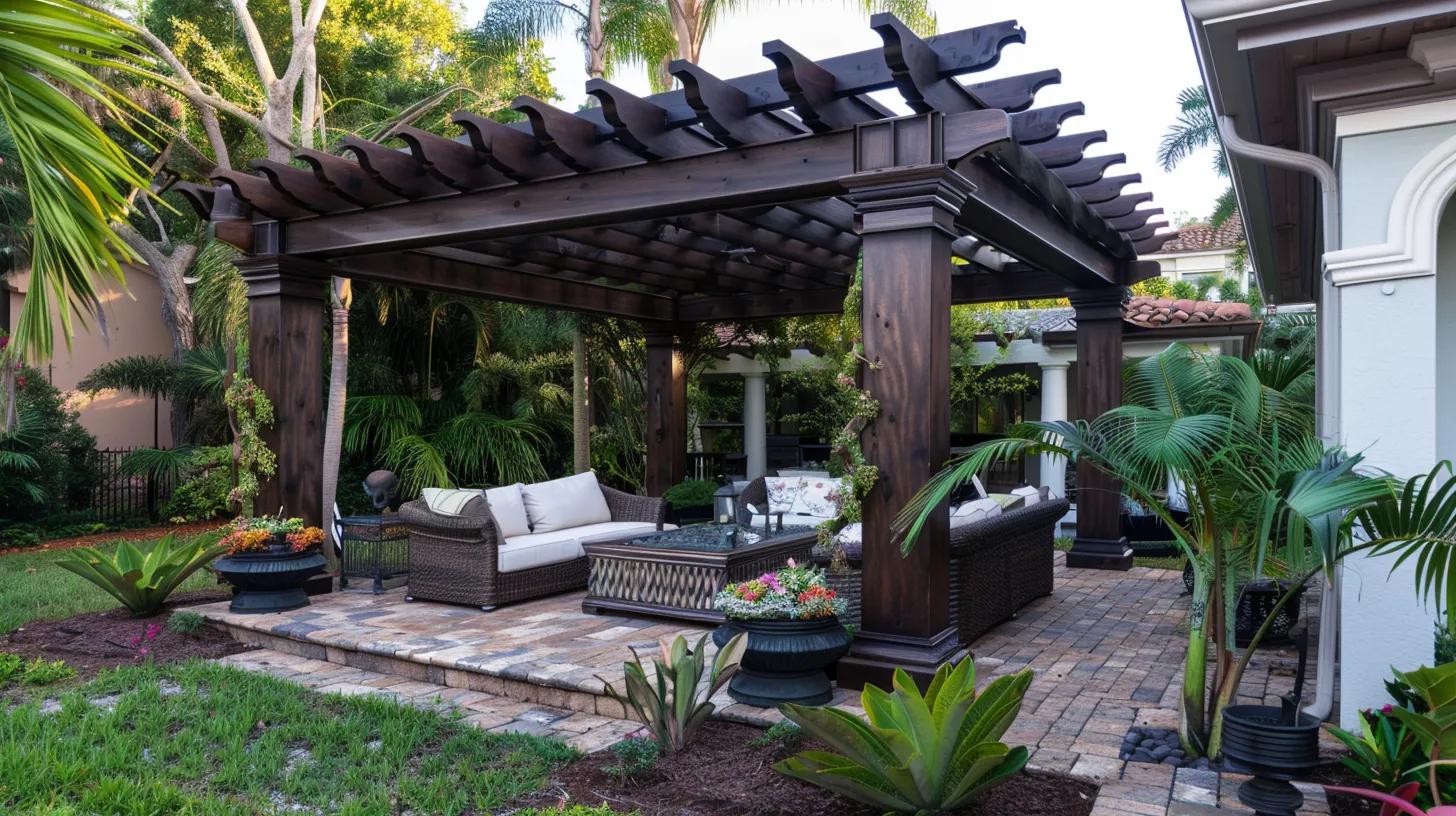 Luxury pergola in a Florida backyard with elegant design and lush greenery