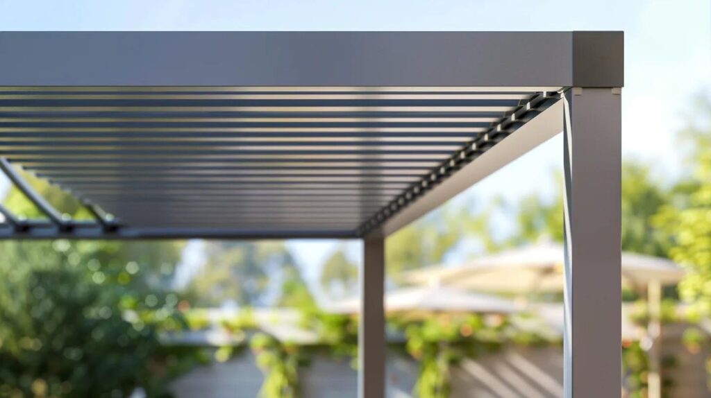 Homeowner inspecting aluminum pergola for maintenance in Florida