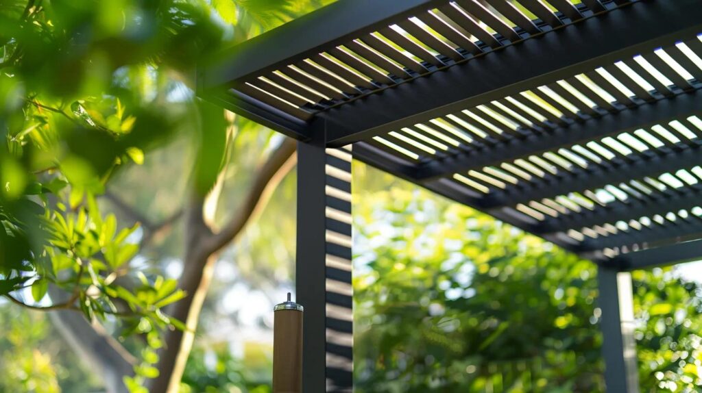 Homeowner treating wood pergola with sealant in a Florida garden