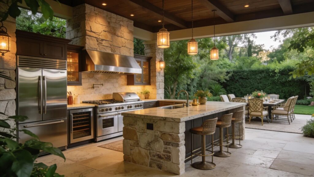Elegant outdoor kitchen with stainless steel appliances and stone countertops