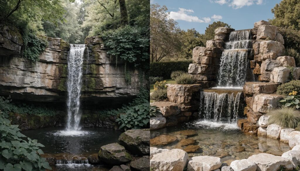 Comparison of a natural stone waterfall and faux rock waterfall in a beautifully landscaped backyard