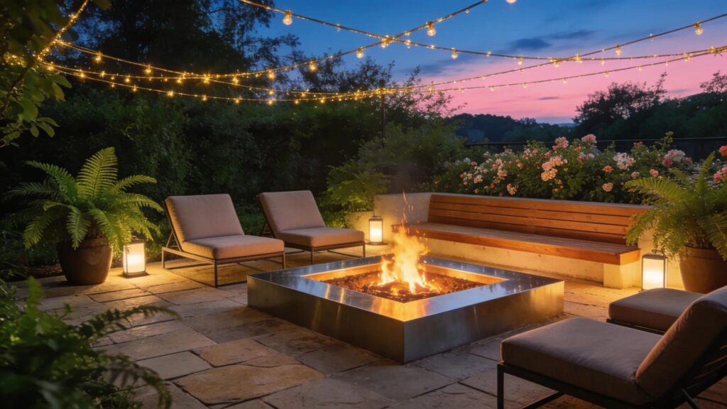 Cozy sunken fire pit with seating area and lush landscaping
