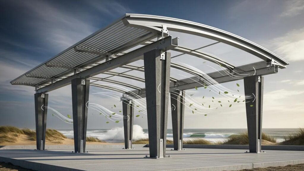 Architectural design of a wind-resistant pergola with aerodynamic features in a coastal setting