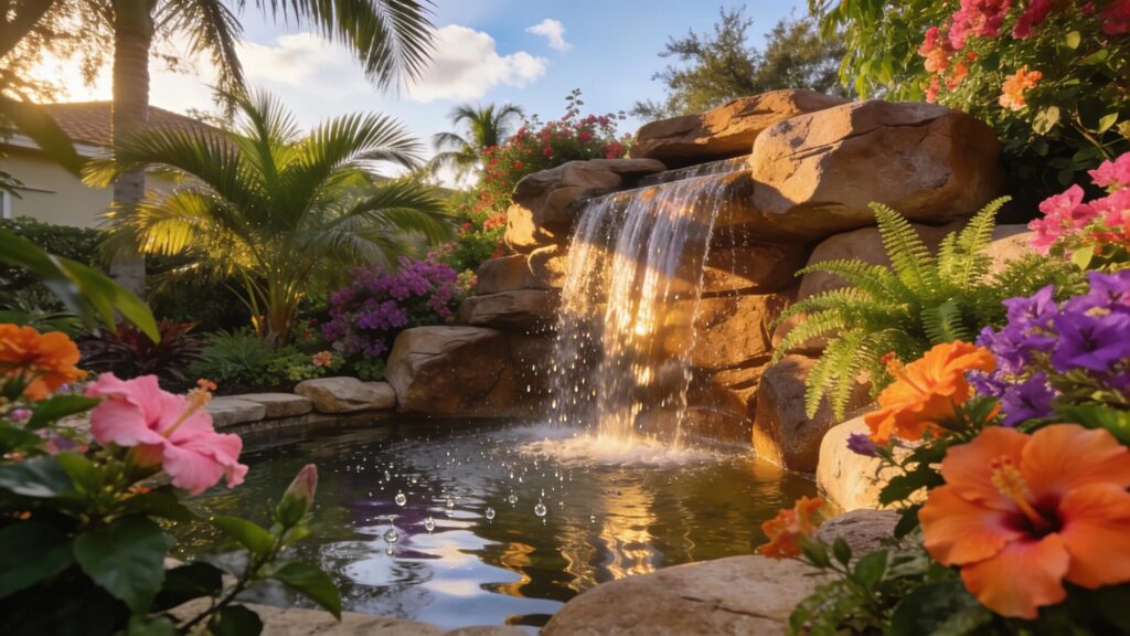 Custom waterfall installation showcasing natural stone and faux rock features in a beautiful Tampa garden