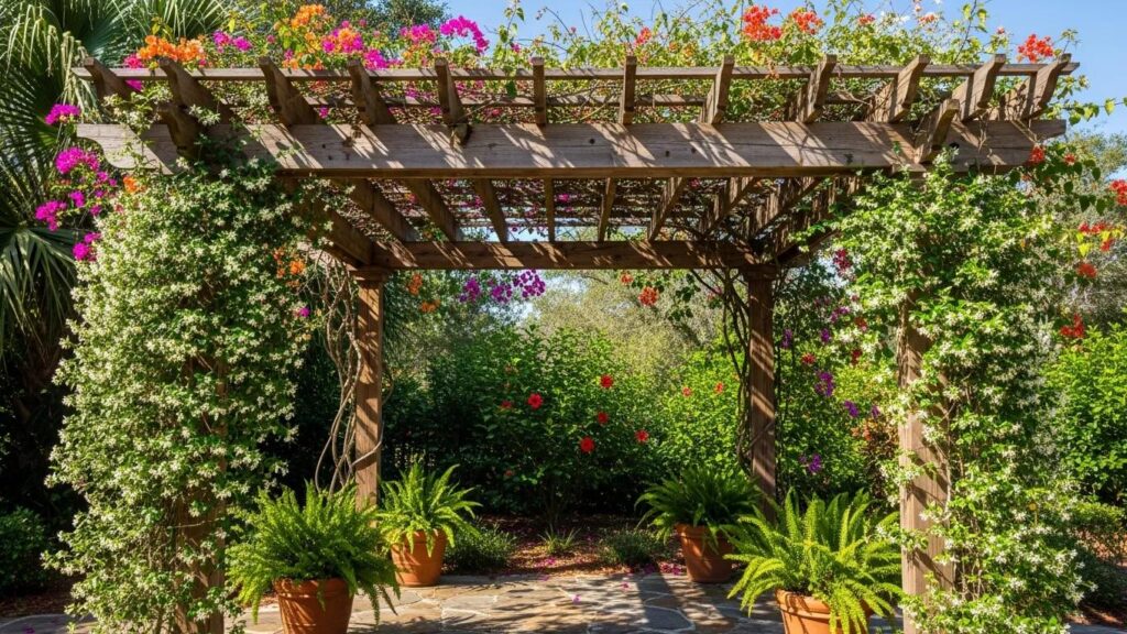 Beautiful wooden pergola in a Florida garden, showcasing natural warmth and organic beauty